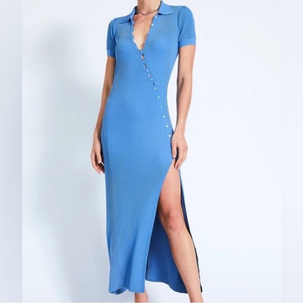 Devon Windsor Blue Collared Maxi Dress with Slit